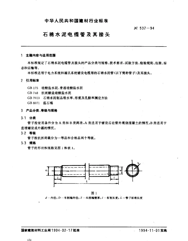 JC 537-1994 石棉水泥电缆管及其接头