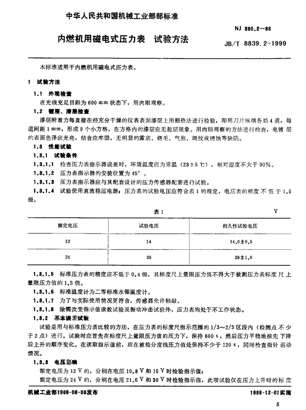 JBT 8839.2-1999 内燃机用磁电式压力表.试验方法