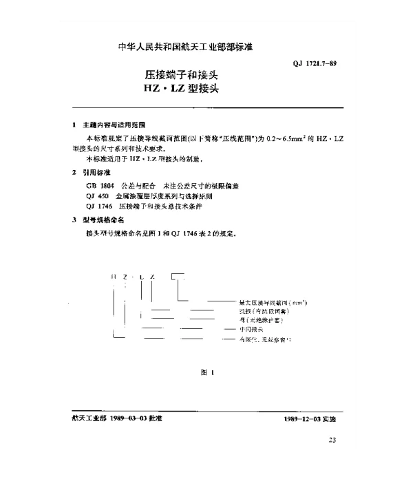 QJ 1721.7-1989 压接端子和接头 HZ.LZ型中间接头