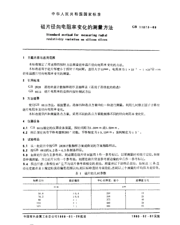 GB 11073-1989 硅片径向电阻率变化的测量方法