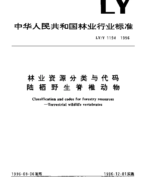 LYT 1194-1996 林业资源分类与代码陆栖野生脊椎动物