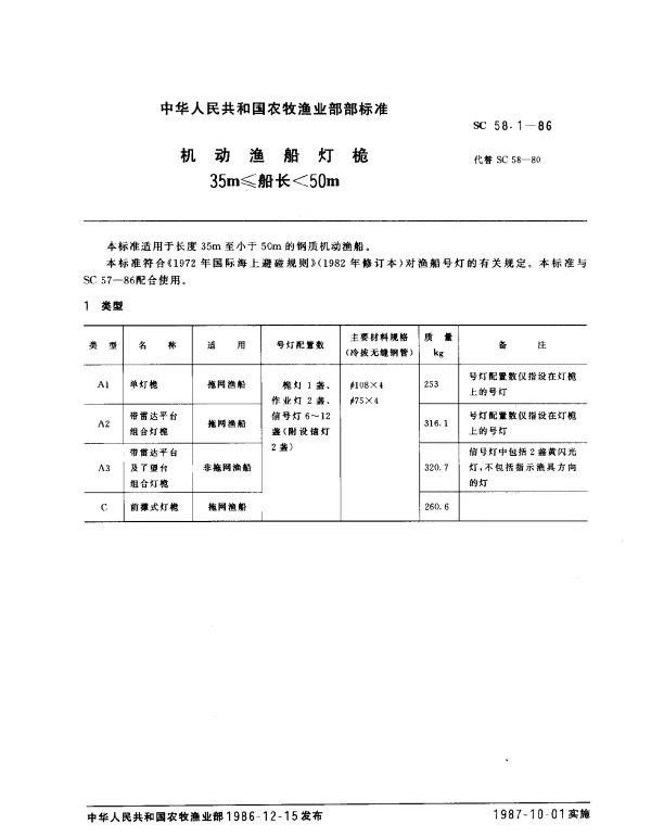 SC 58.1-1986 机动渔船灯桅35m≤船长50m