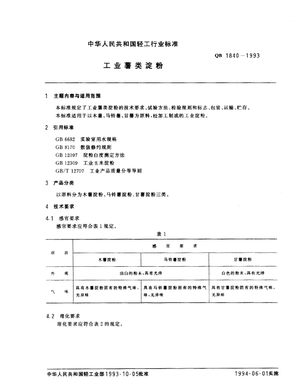 QB 1840-1993 工业薯类淀粉