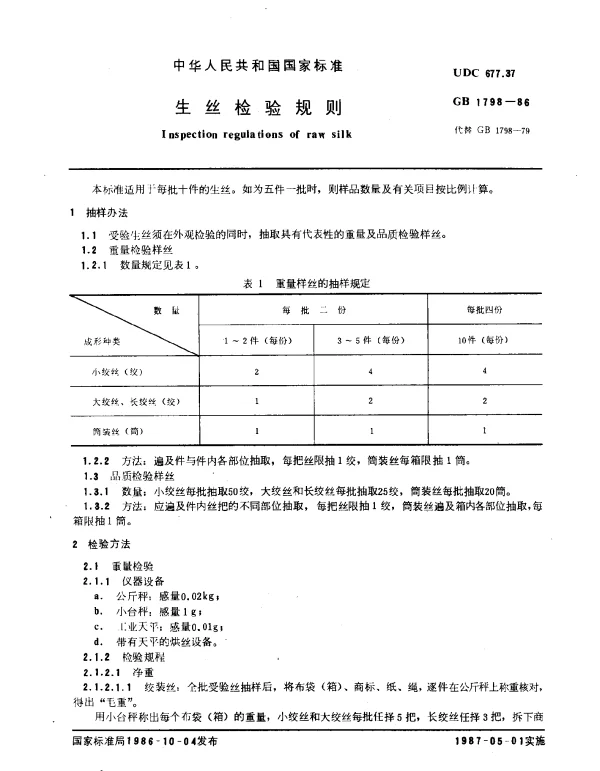 GB 1798-1986 生丝检验规则
