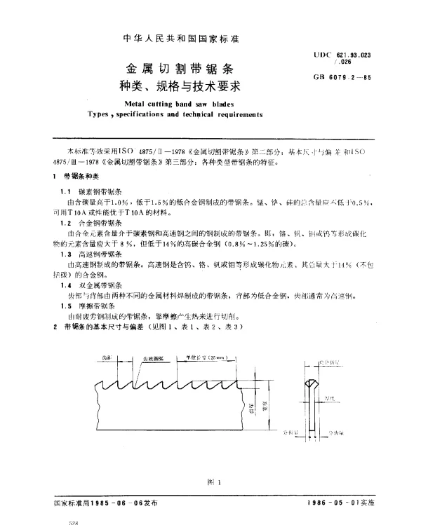 GB 6079.2-1985 金属切割带锯条 种类、规格与技术要求