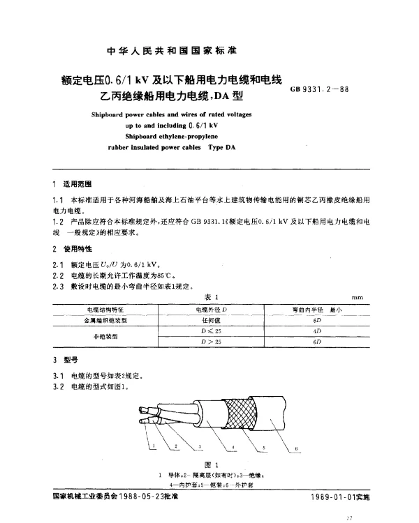 GB9331.2-1988额定电压0.61kV及以下船用电力电缆和电线乙丙绝缘船用电力电缆
