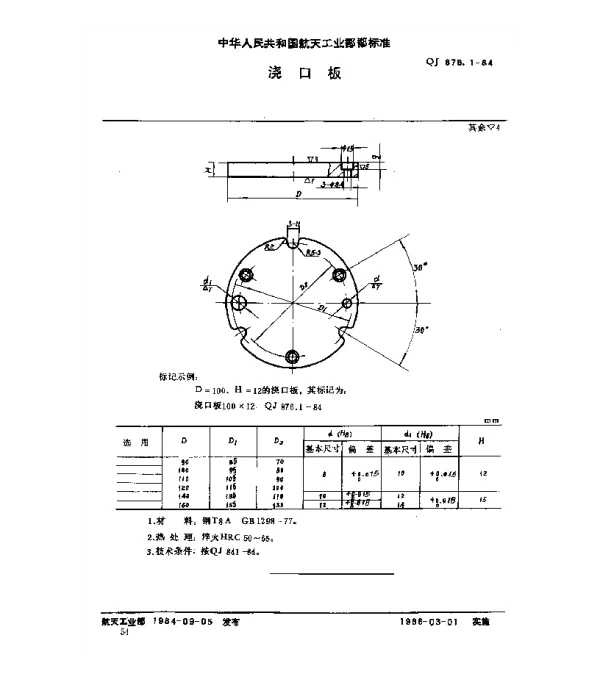QJ 876.1-1984 塑料挤压模具 浇口板