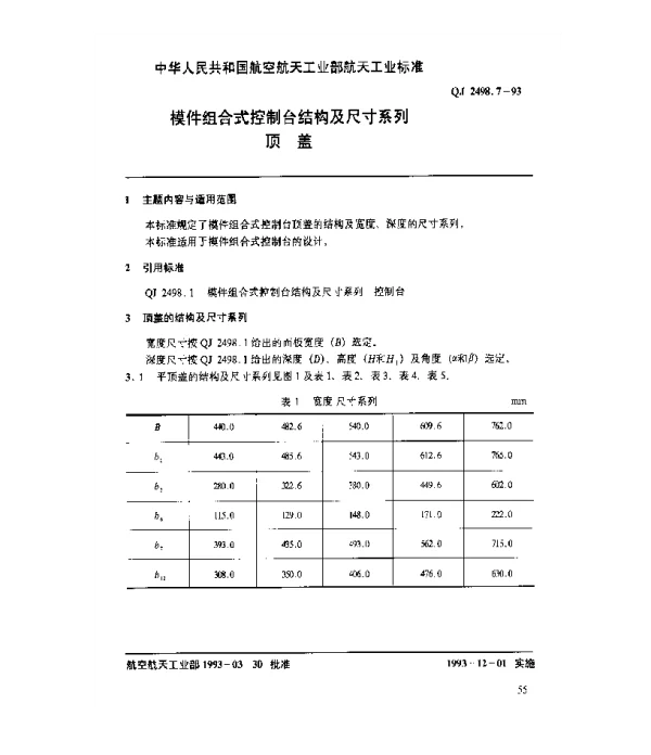 QJ 2498.7-1993 模件组合式控制台结构及尺寸系列 顶盖