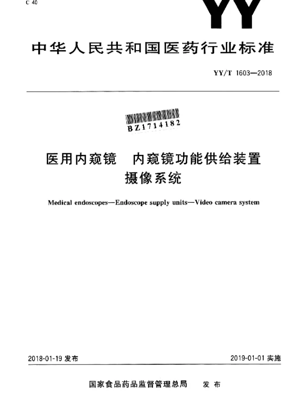 YYT 1603-2018 医用内窥镜 内窥镜功能供给装置 摄像系统