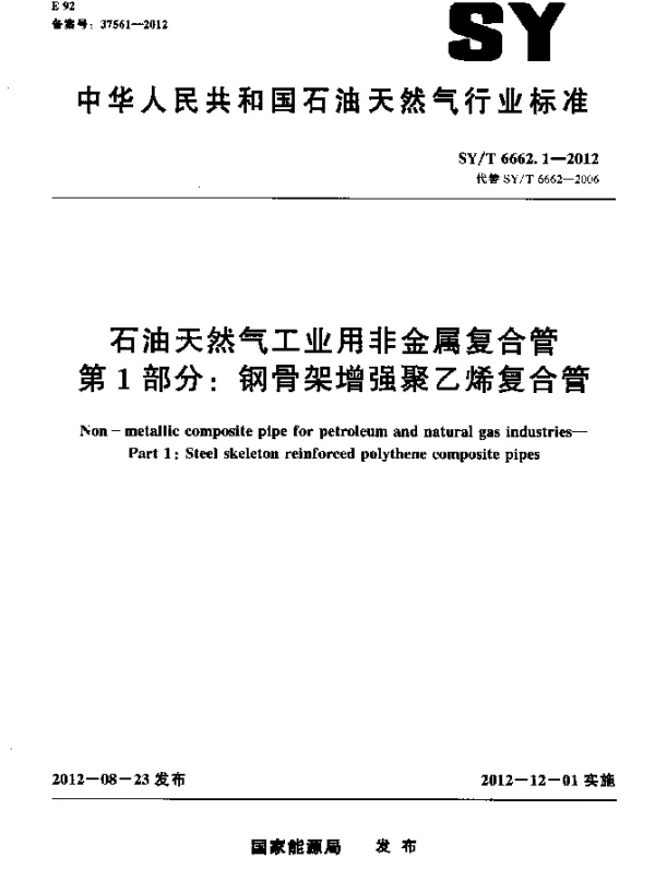 SYT 6662.1-2012 石油天然气工业用非金属复合管 第1部分：钢骨架增强聚乙烯复合管