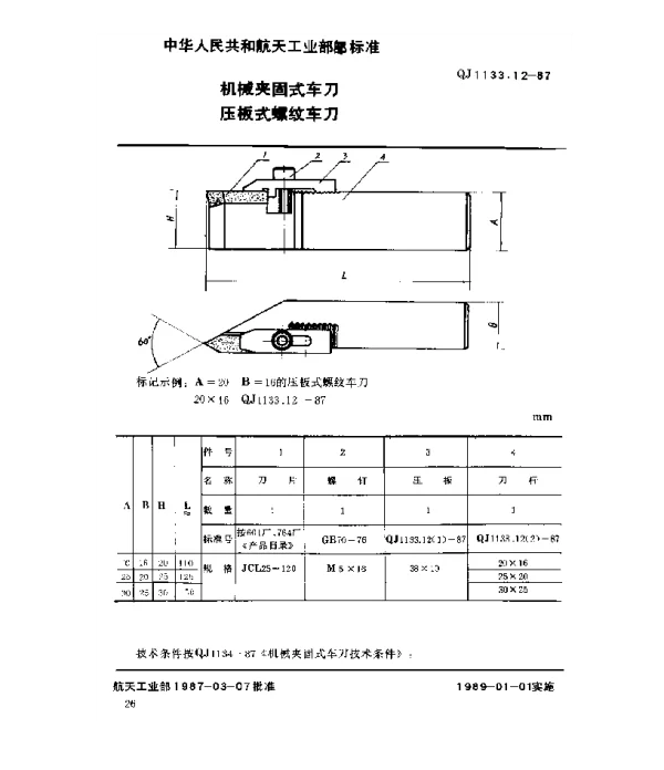 QJ 1133.12-1987 机械夹固式车刀 压板式螺纹车刀