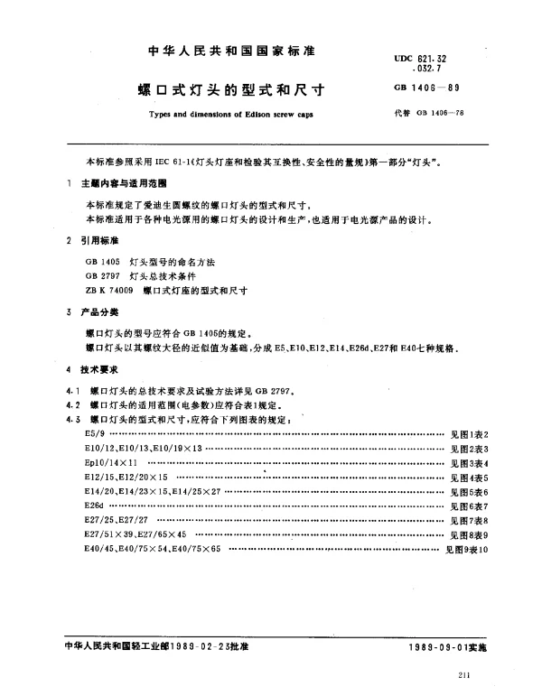 GB 1406-1989 螺口式灯头的型式和尺寸