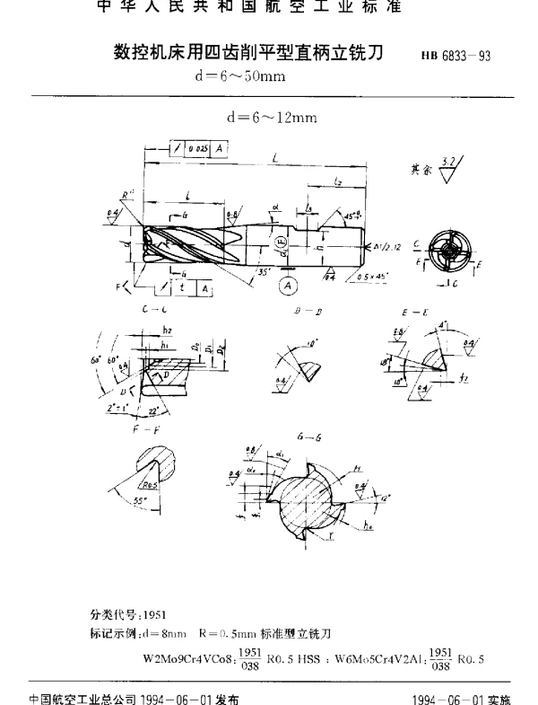 HB 6833-1993 数控机床用四齿削平型直柄立铣刀.d=6~50mm