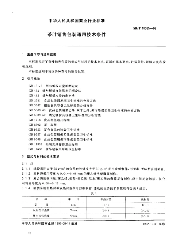 SBT 10035-1992 茶叶销售包装通用技术条件