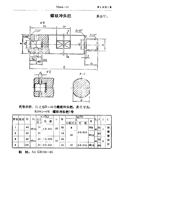 SJ 996-1975 双动冲床引伸模 螺纹冲头把
