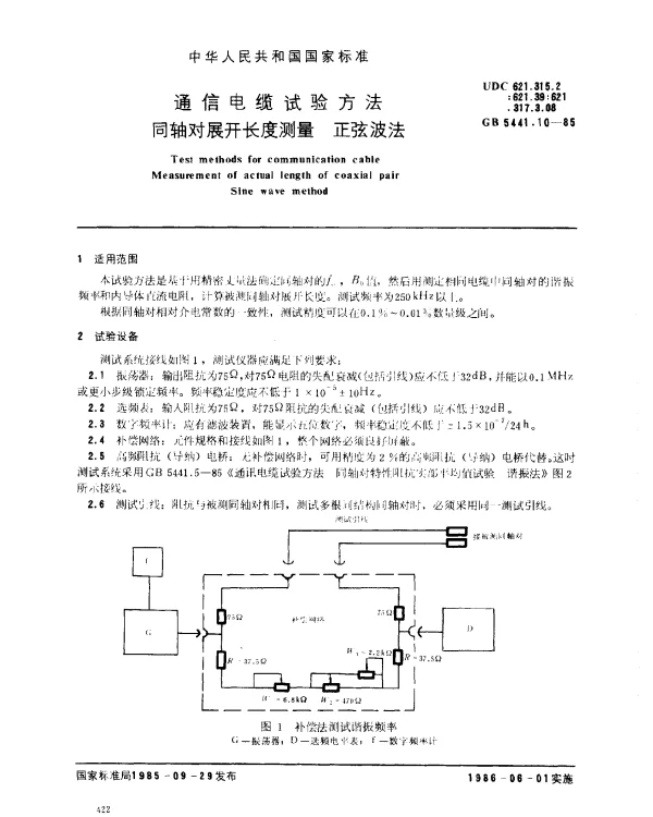 GB 5441.10-1985 通信电缆试验方法 同轴对展开长度测量 正弦波法