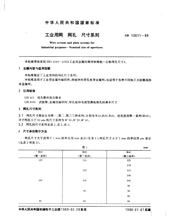 GB 10611-1989 工业用网 网孔 尺寸系列