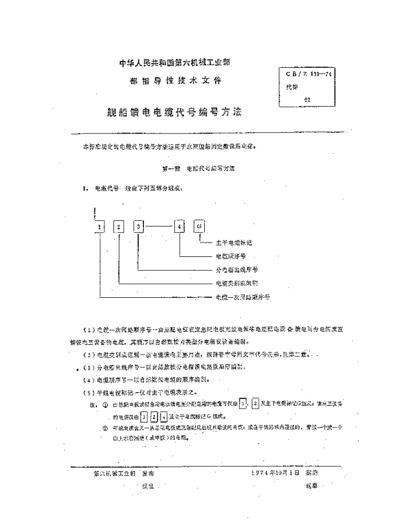 CBZ 139-1974 舰船馈电电缆代号编号方法