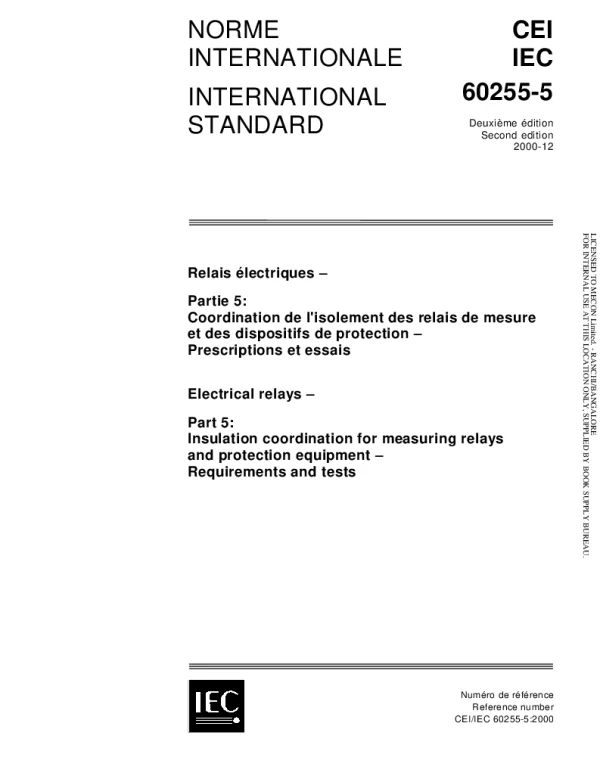 IEC 60255-5-2000 电气继电器-第5部分：测量继电器和保护设备的绝缘协调-要求和测试