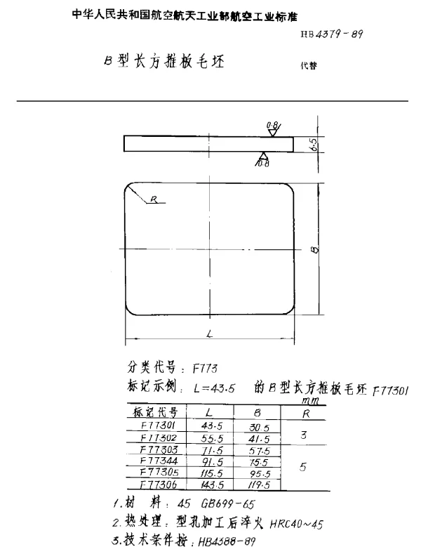 HB 4379-1989 B型长方推板毛坯