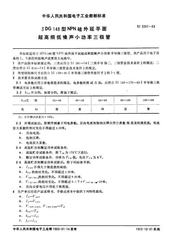 SJ 2287-1983 3DG148型NPN硅外延平面超高频低噪声小功率三极管
