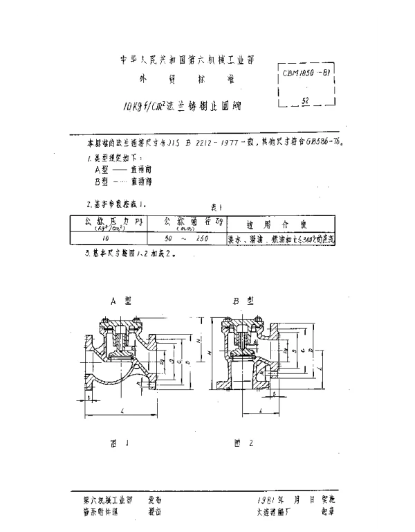 CBM 1050-1981 10kgfcm2法兰铸钢止回阀