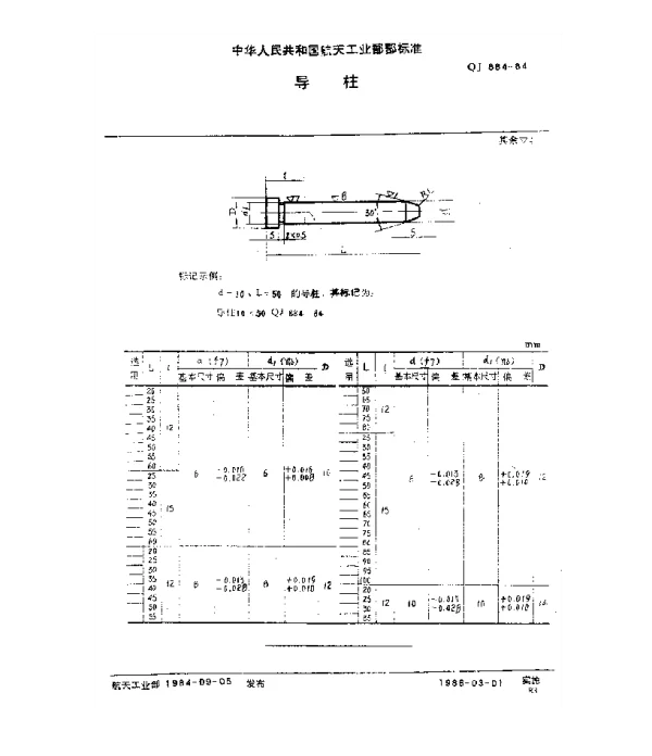 QJ 884-1984 塑料挤压模具 导柱