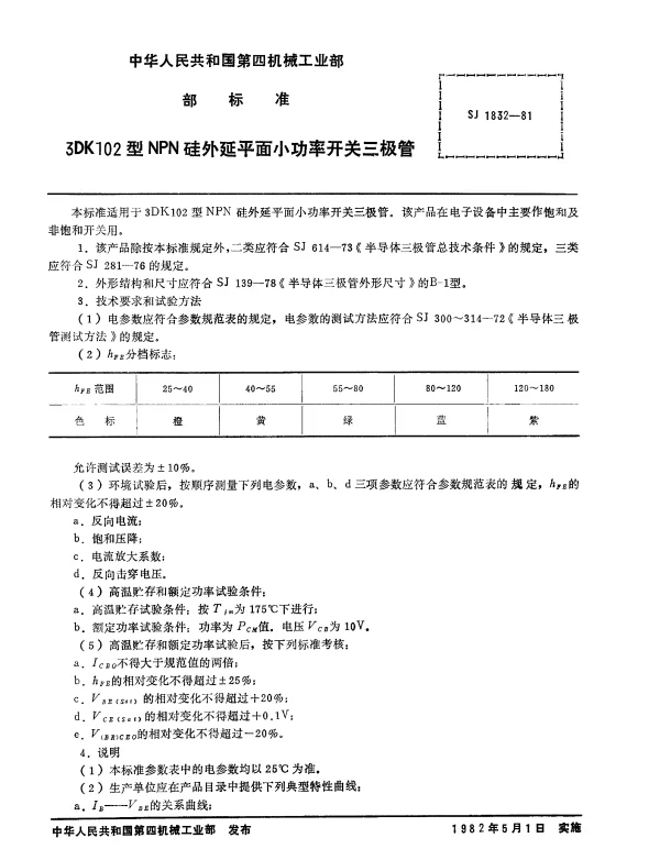 SJ 1832-1981 3DK102型NPN硅外延平面小功率开关三极管