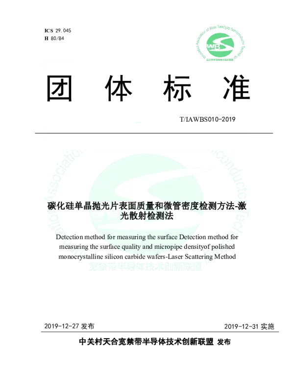 TIAWBS 010-2019 碳化硅单晶抛光片表面质量和微管密度检测方法-激光散射检测法