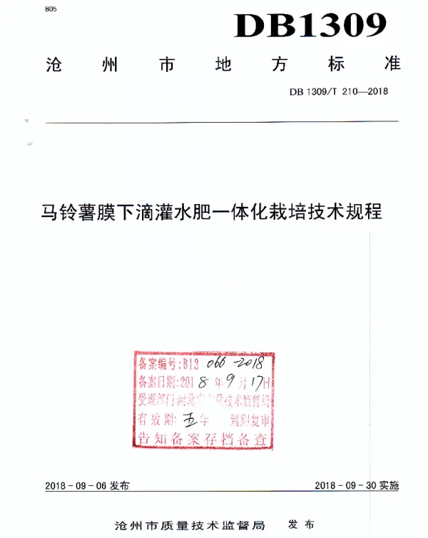 DB1309T 210-2018 马铃薯膜下滴灌水肥一体化栽培技术规程