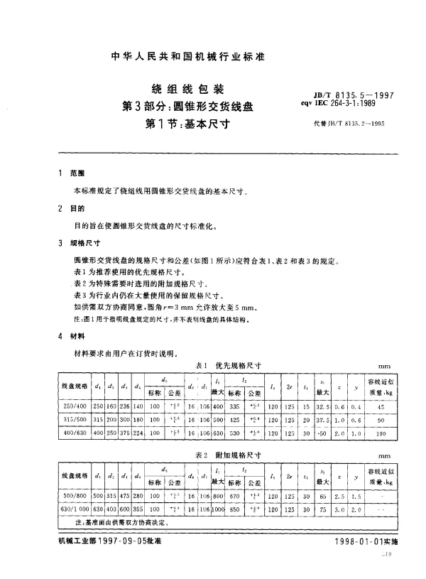 JBT 8135.5-1997 绕组线包装.第3部分：圆锥型交货线盘.第1节：基本尺寸