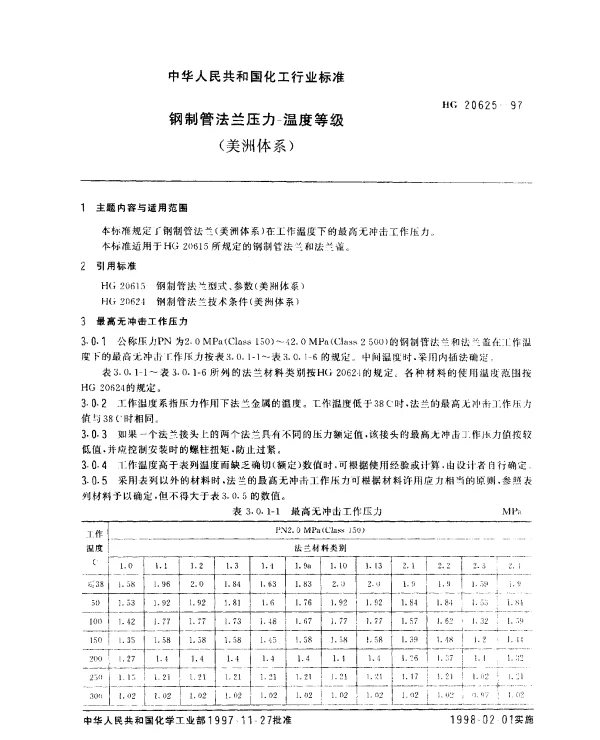 HG 20625-1997 钢制管法兰压力.温度等级(美洲体系)