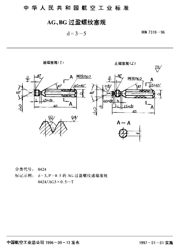 HB 7318-1996 AG、BG过盈螺纹塞规.d=3~5