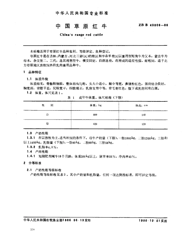 ZB B 43006-1986 中国草原红牛