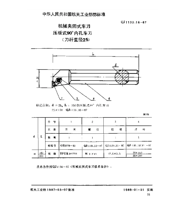 QJ 1133.16-1987 机械夹固式车刀 压板式90°内孔车刀(刀杆直径25)