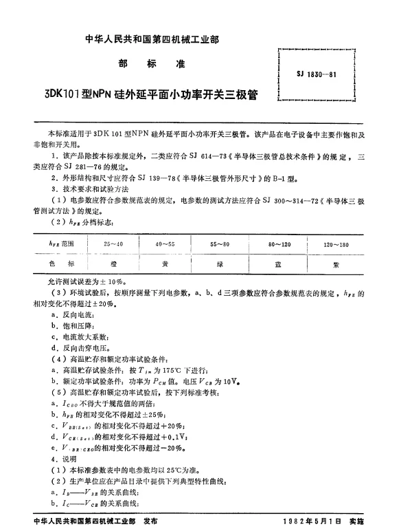 SJ 1830-1981 3DK101型NPN硅外延平面小功率开关三极管