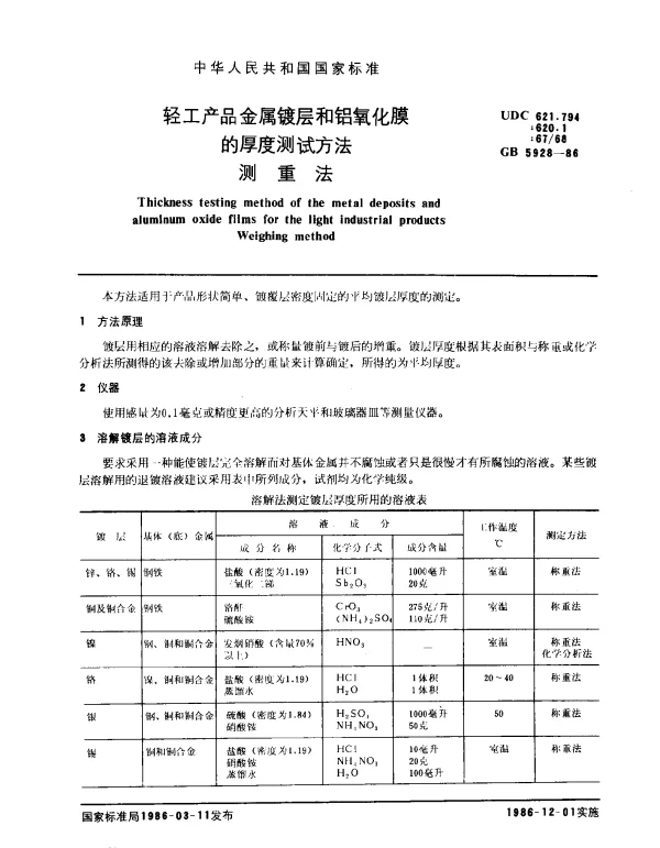 GB 5928-1986 轻工产品金属镀层和铝氧化膜的厚度测试方法测重法