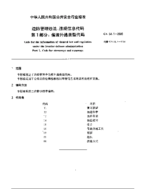 GA 84.1-2000 边防管理违法、违规信息代码.第1部分：偷渡外逃类型代码