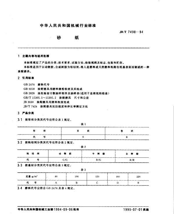 JBT 7498-1994 砂纸