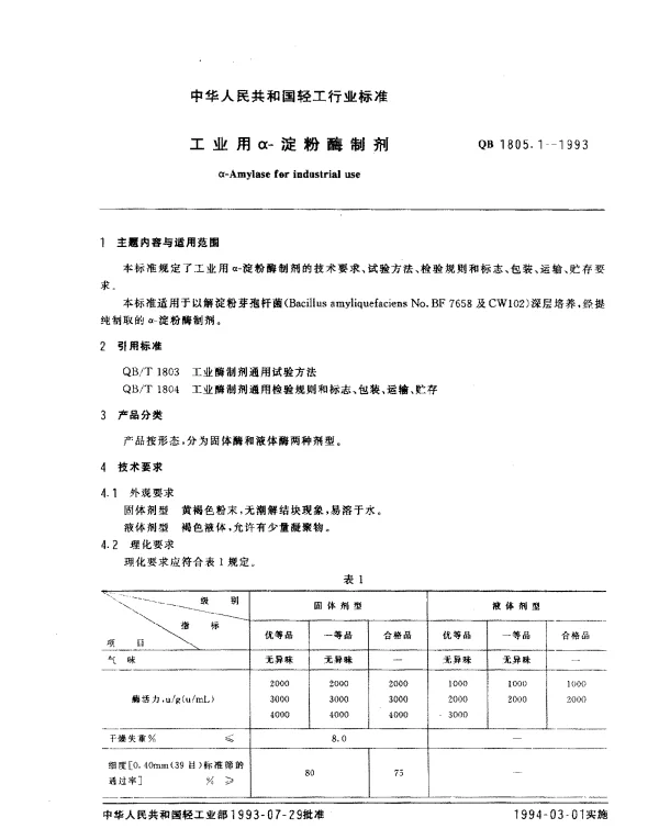 QB 1805.1-1993 工业用α-淀粉酶制剂