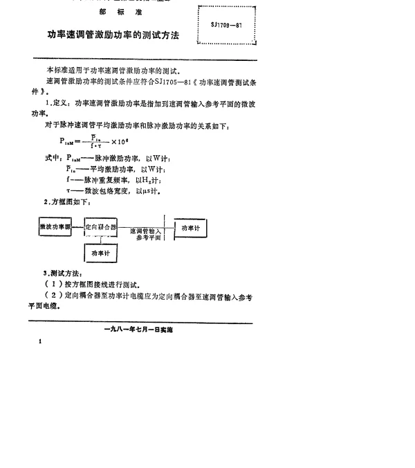 SJ 1709-1981 功率速调管激励功率的测试方法