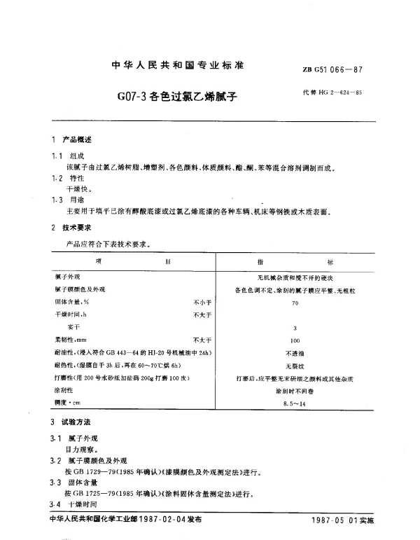 ZB G51 066-1987 G07-3 各色过氯乙烯腻子