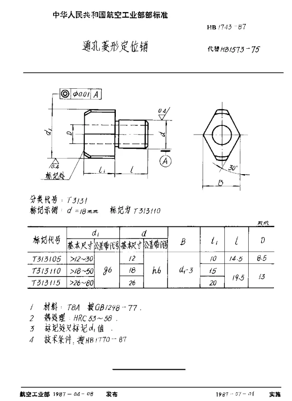 HB 1743-1987 通孔菱形定位销