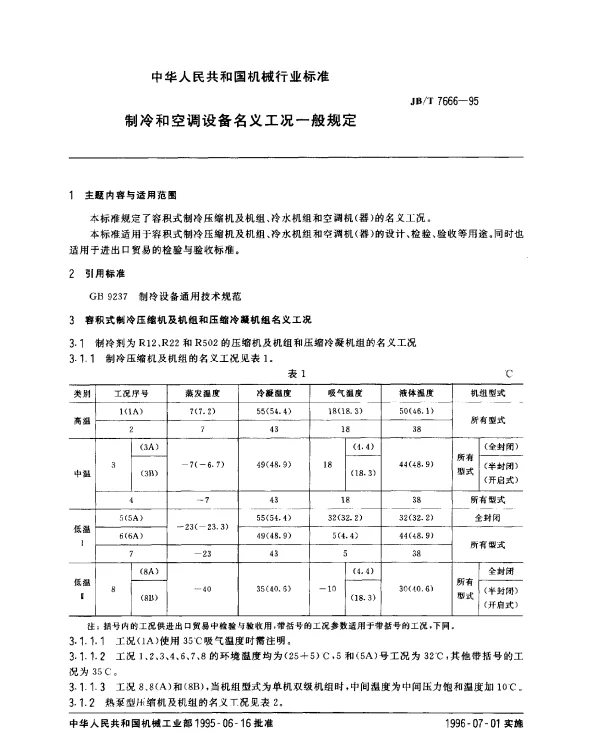 JBT 7666-1995 制冷和空调设备名义工况一般规定