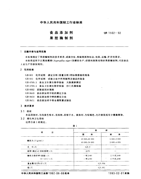 QB 1502-1992 食品添加剂.果胶酶制剂