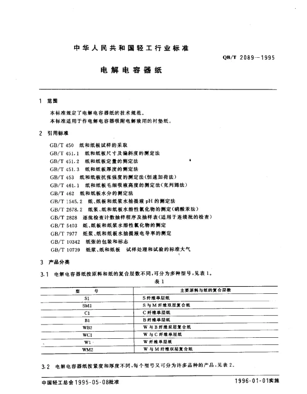QBT 2089-1995 电解电容器纸