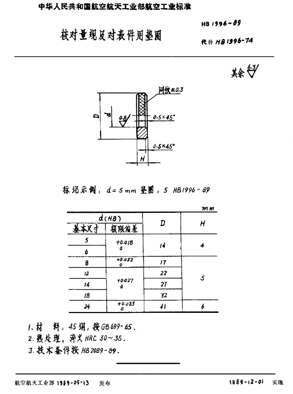 HB 1996-1989 校对量规及对表件用垫圈