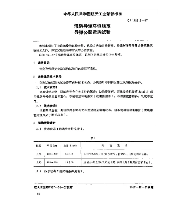 QJ 1185.5-1987 海防导弹环境规范 导弹公路运输试验