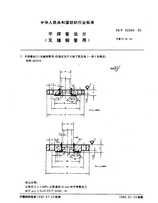 FZT 92046-1995 平焊管法兰(无缝钢管用)