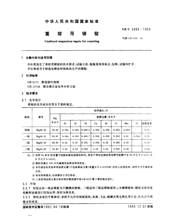 GBT 3499-1995 重熔用镁锭